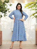 Kaajh Women's Blue Floral Handblock Print Cotton Dress