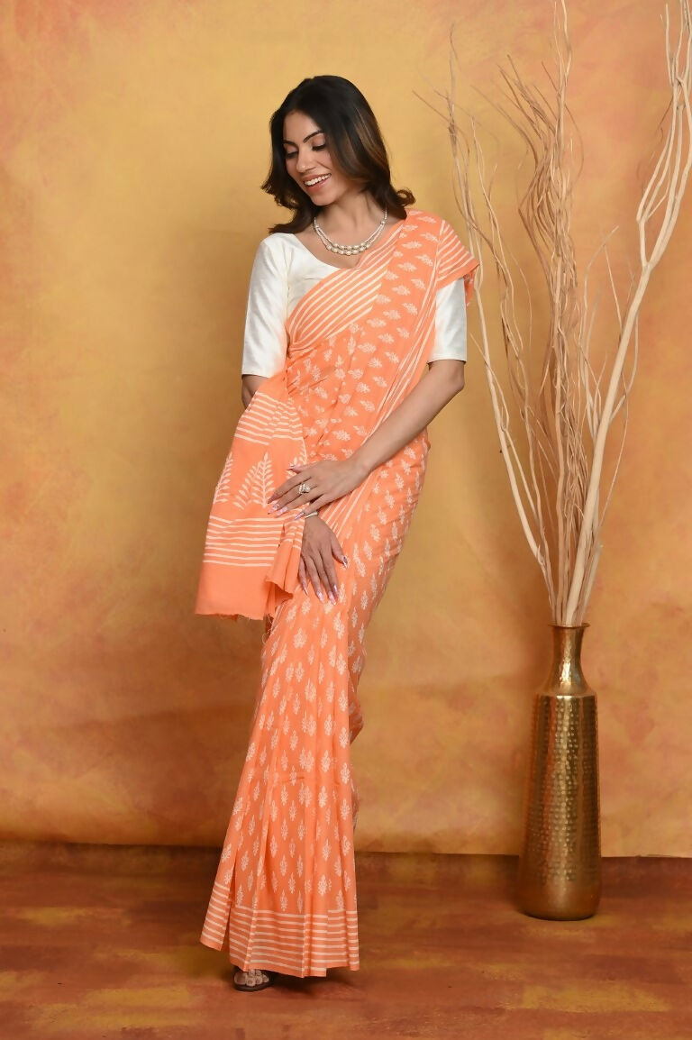 Very Much Indian Handblock Printed Cotton Saree With Natural Dyes - Light Peach