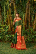 Jyoti Fashion Women's Bottle Green Kanjivaram Silk Zari Woven Saree with Blouse