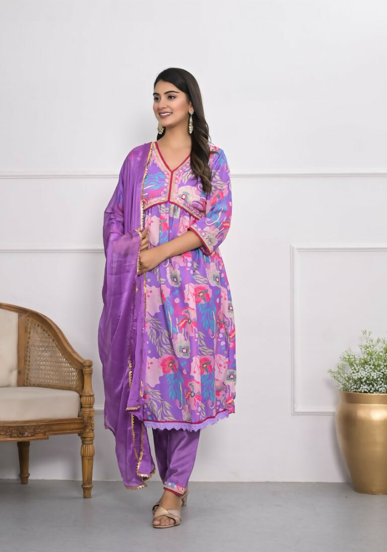 Lavender Muslin silk Embroidery with Thread and sequence Stitched Suit With Dupatta - Tanisha