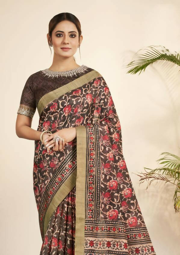 Brown Bhagalpuri Silk Floral Print with Hand work & Stone Work Border Saree - Norita Nirvi