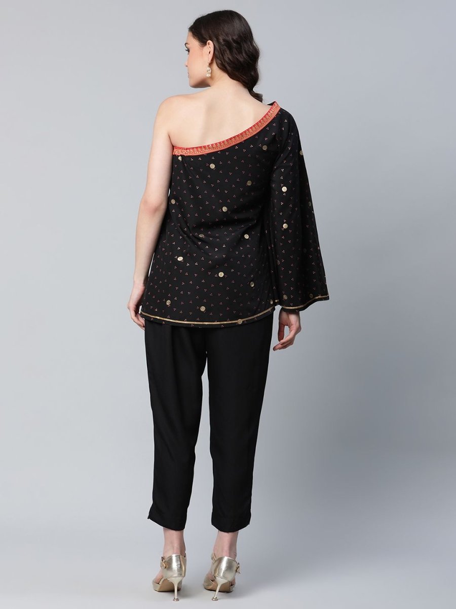 Ahalyaa Women Black Crepe Printed Top with Trouser Set