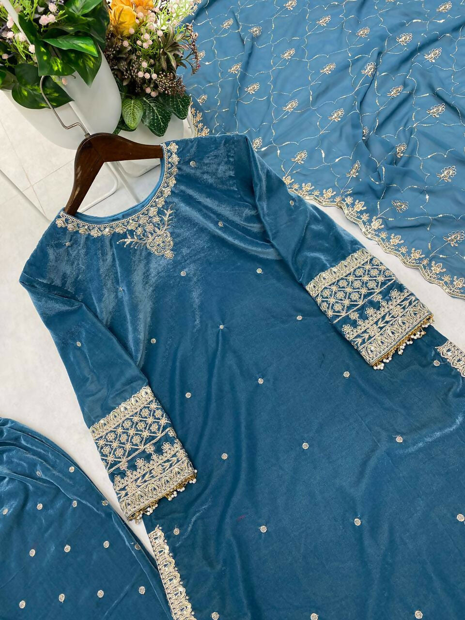 Vastranavya Sea Blue Velvet Sequence Embroidery Work Kurta & Bottom With Dupatta