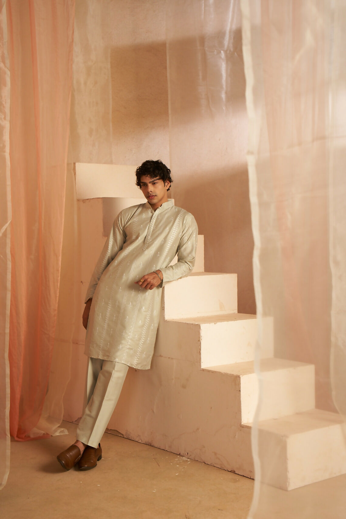 Light Green Silk Designer Embroidery Work Men's Kurta Set - Mahotsav