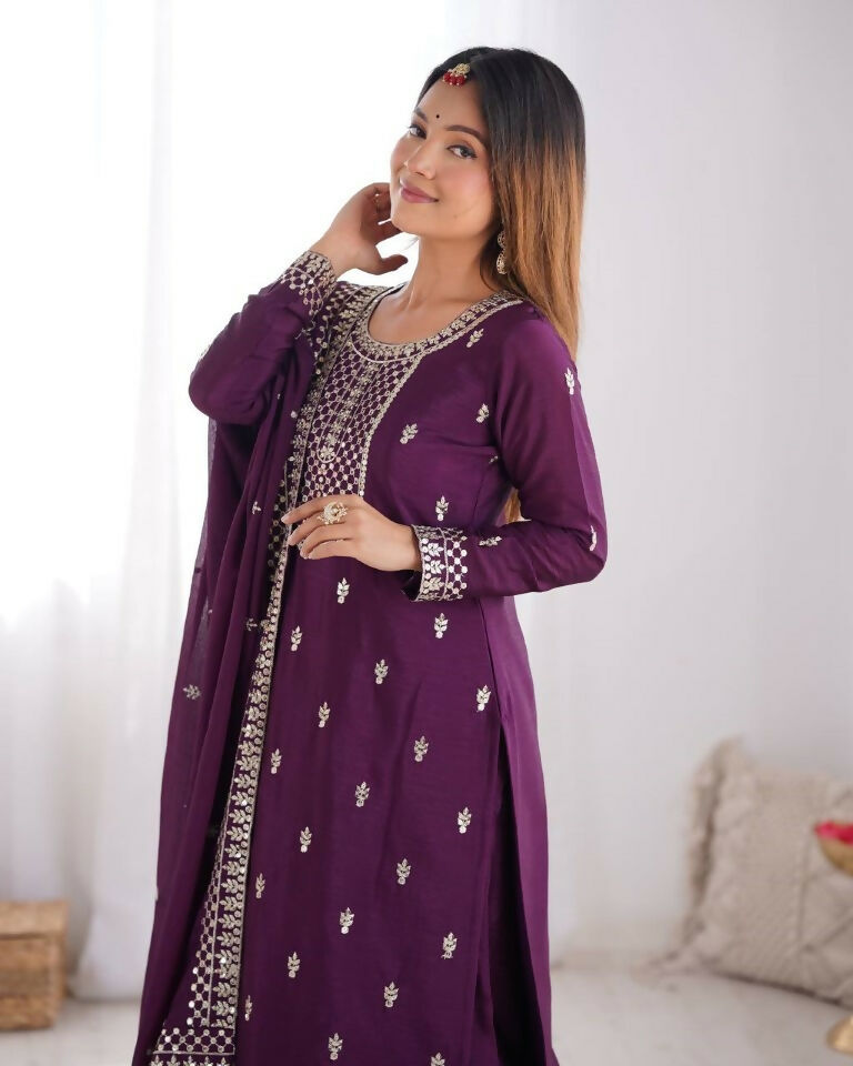 Teeya Creation Wine Color Pure Chinnon Silk Embroidery Work Functional Wear Salwar Suit