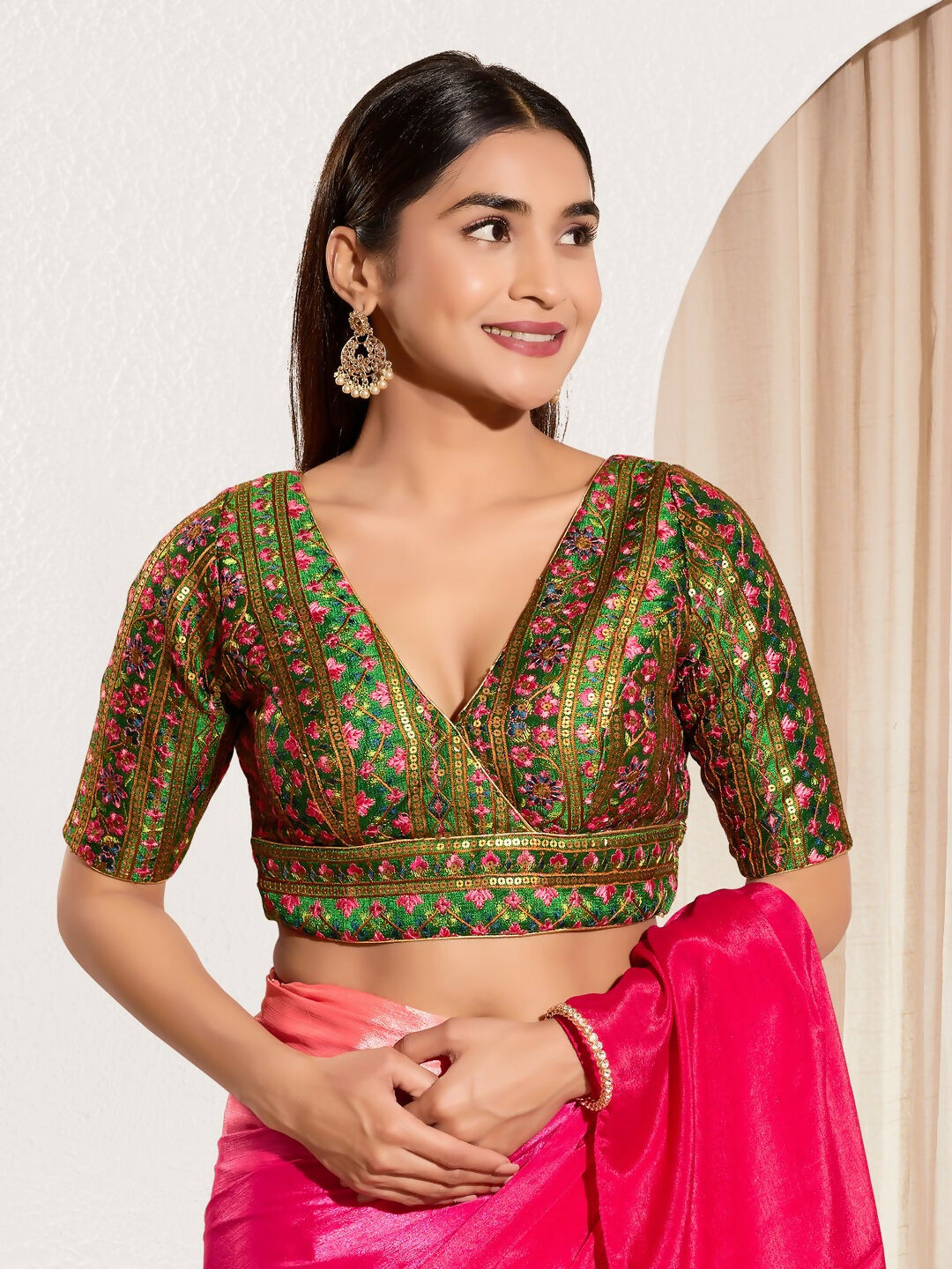 Joban Fashion Bottle Green Mulberry Silk Padded Blouse With V Neck Elbow Sleeves
