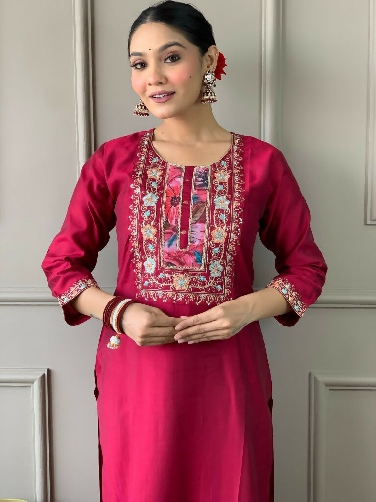 Partywear Designer Viscos Chanderi Maroon Stitched Suit With Dupatta - Tanisha