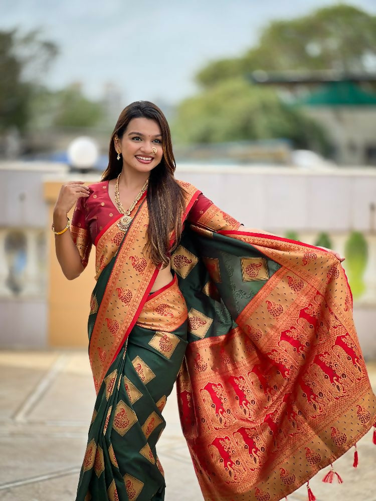 PR Fashion Freen Soft Banarasi Silk With Zari Weaving Meenakari Design Saree