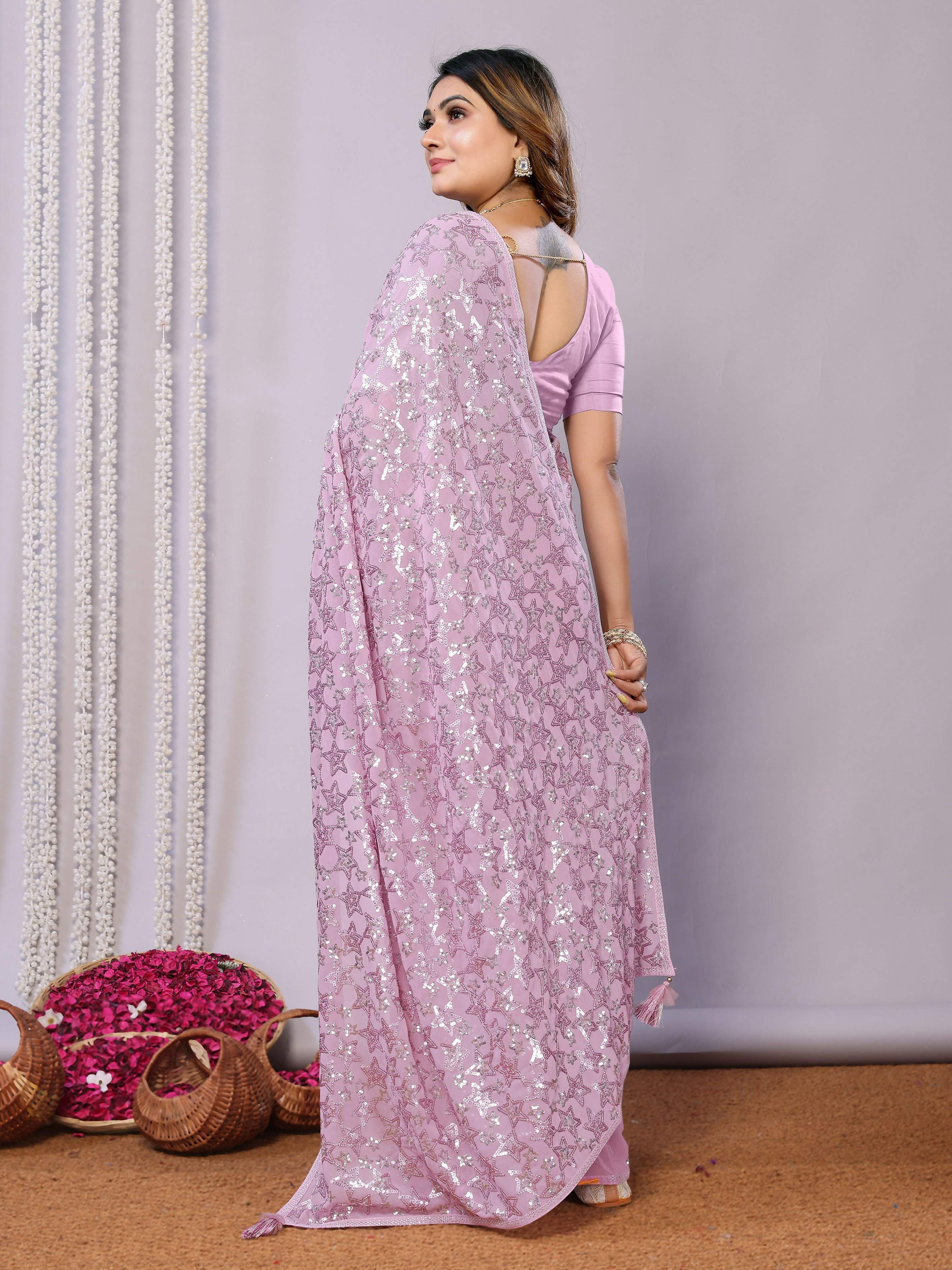 Pink Pure Georgette Embroidered Saree With Stitched Blouse - Nimaya Kaksha