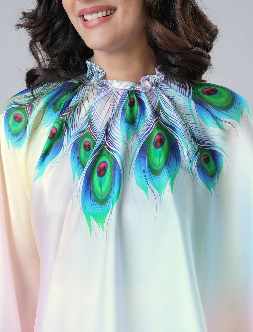 Vastranavya Pastel Rainbow Freehand Peacock Feather Print Ready to Wear Saree