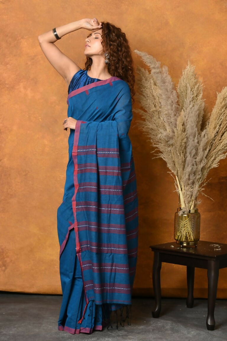 Very Much Indian Handloom Pure Cotton Saree With Sleek Border - Daisy Blue