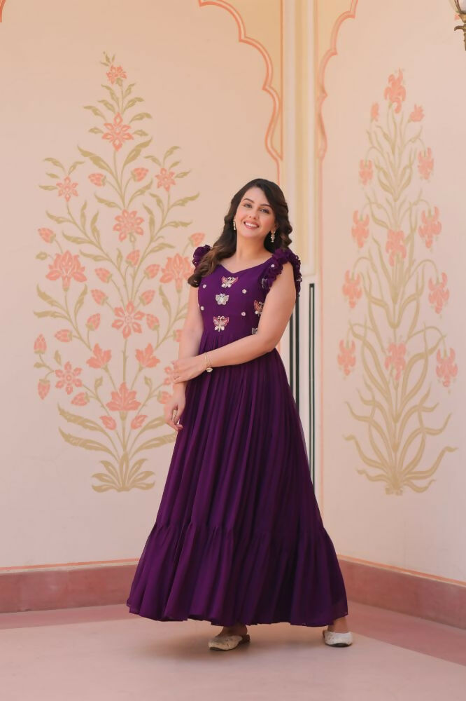Vastranavya Purple Faux Blooming With Sequins Multithreaded Beads Embroidered work Gown