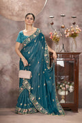 Vastranavya Gold Crunchy Multi Colour Threads Embroidery Work with Sequins Work Saree with Blouse material - Teal