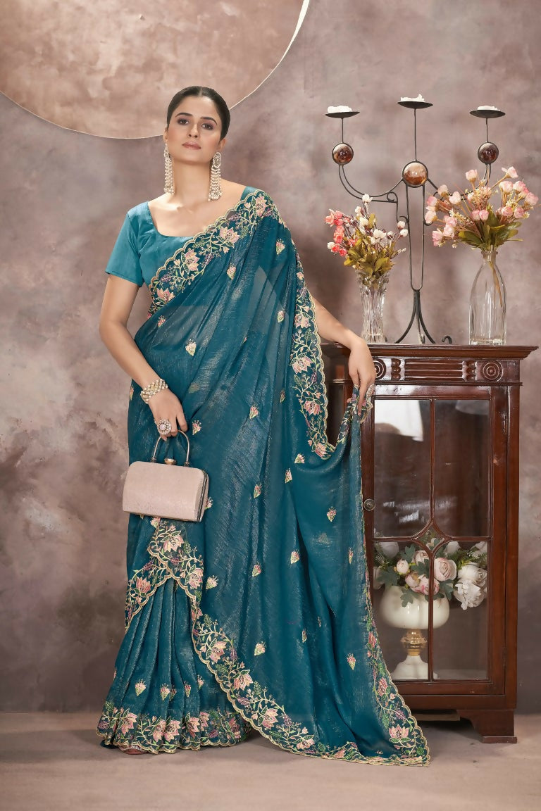 Vastranavya Gold Crunchy Multi Colour Threads Embroidery Work with Sequins Work Saree with Blouse material - Teal