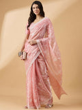 Peach Tissue Slub Embroidered Saree with Unstitched Blouse - Vairagi