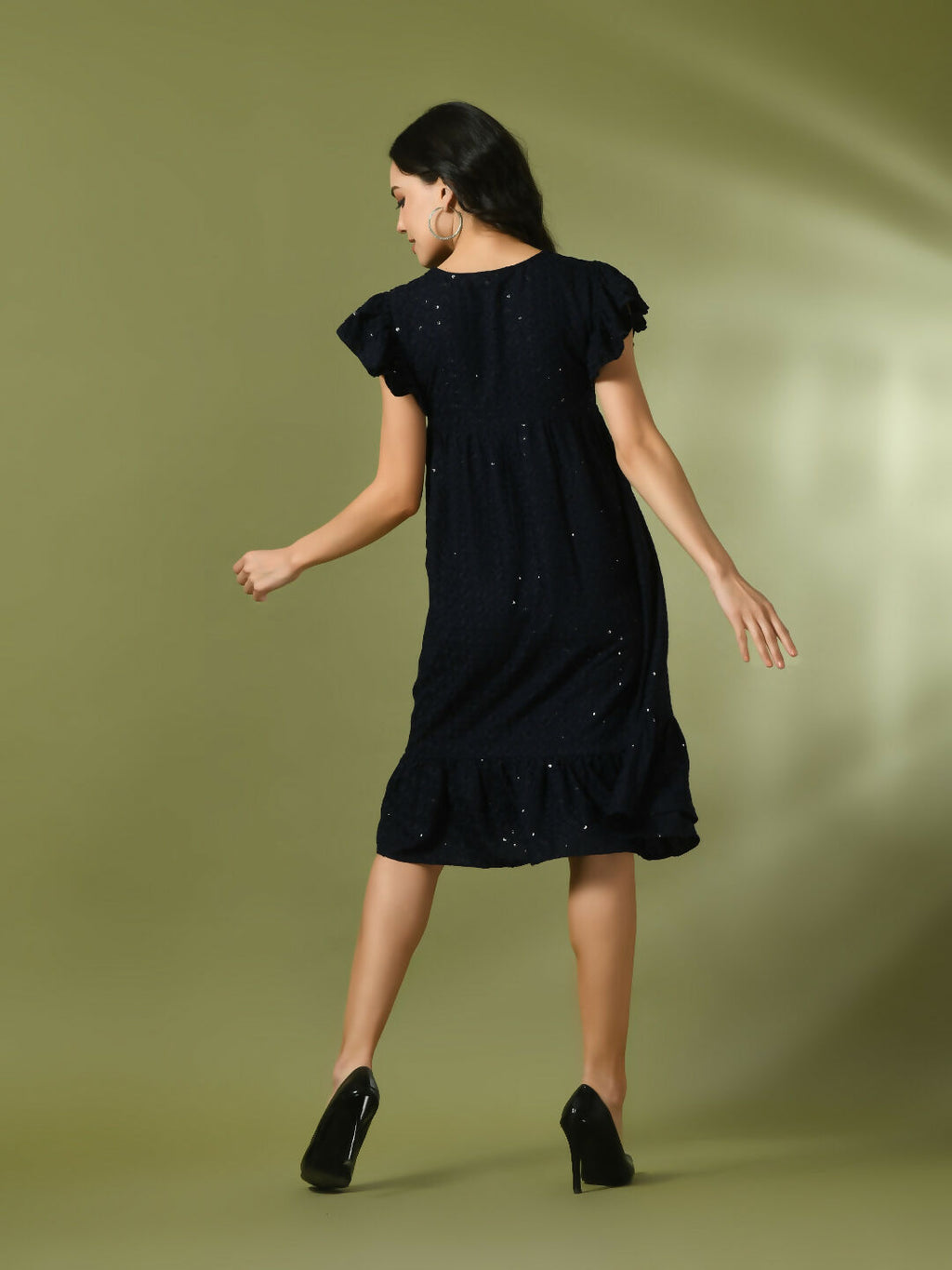 Myshka Women's Navy Blue Embroidered Cotton Round Neck A-Line Party Dress