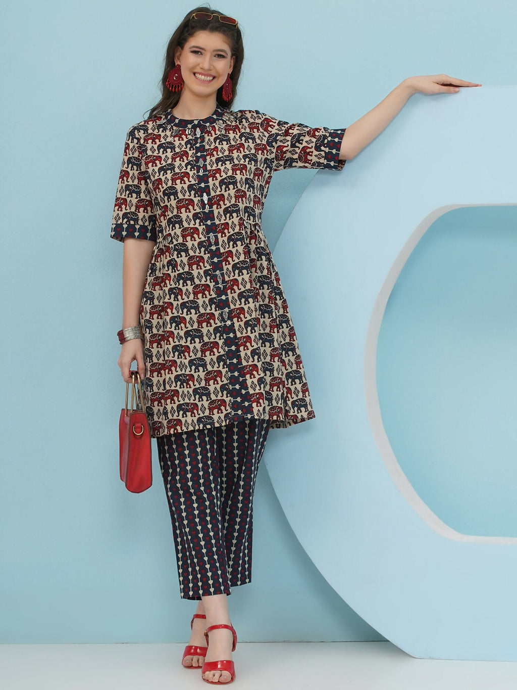 Joban Fashion Elephant Printed Co Ord Set - Beige