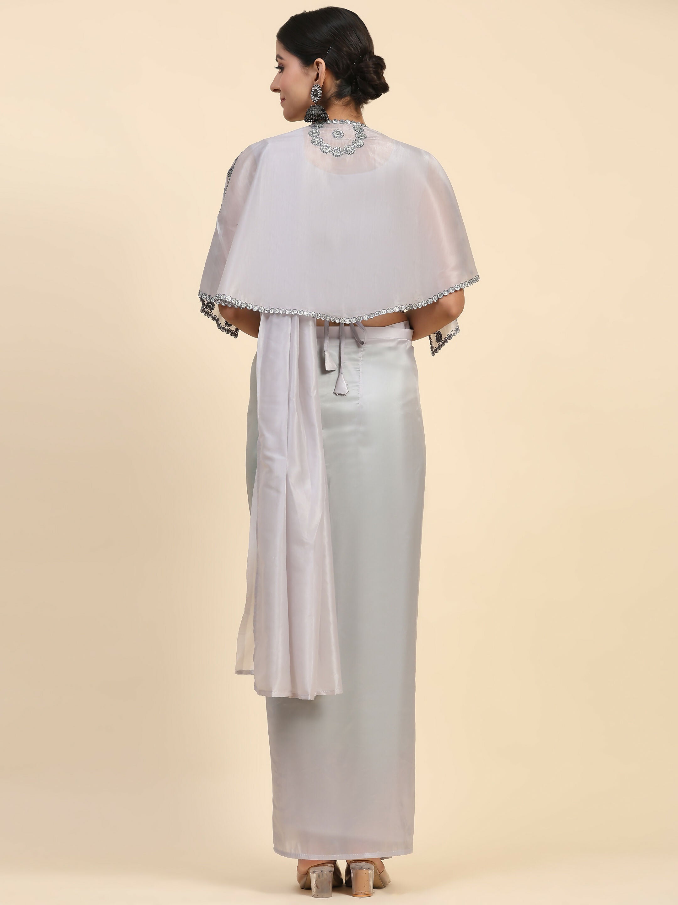 Grey Satin Solid Ready to wear Saree with stitched Blouse - Vanita