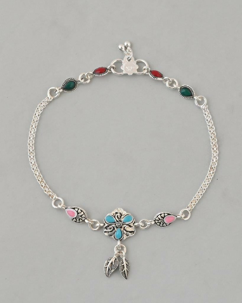VOJ Set of 2 Traditional Stone Studded Flower Shaped Anklet