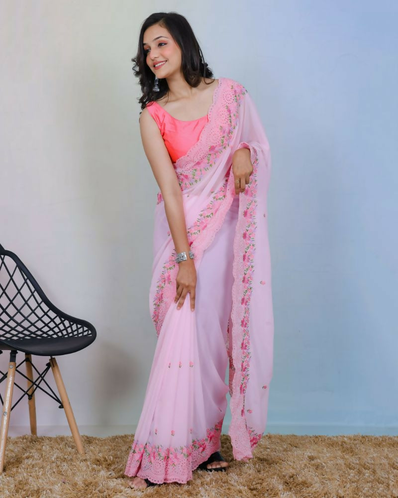 Vamsee Rashmika Baby Pink Georgette Saree