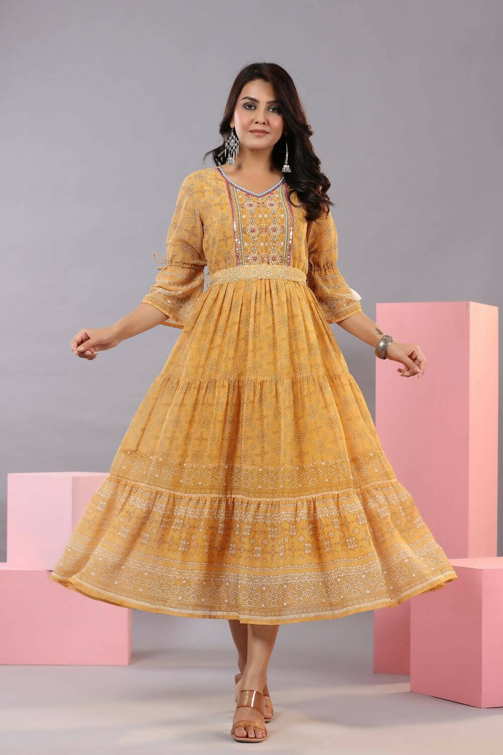 Juniper Women Yellow Georgette Geometric Printed Tiered Maxi Dress