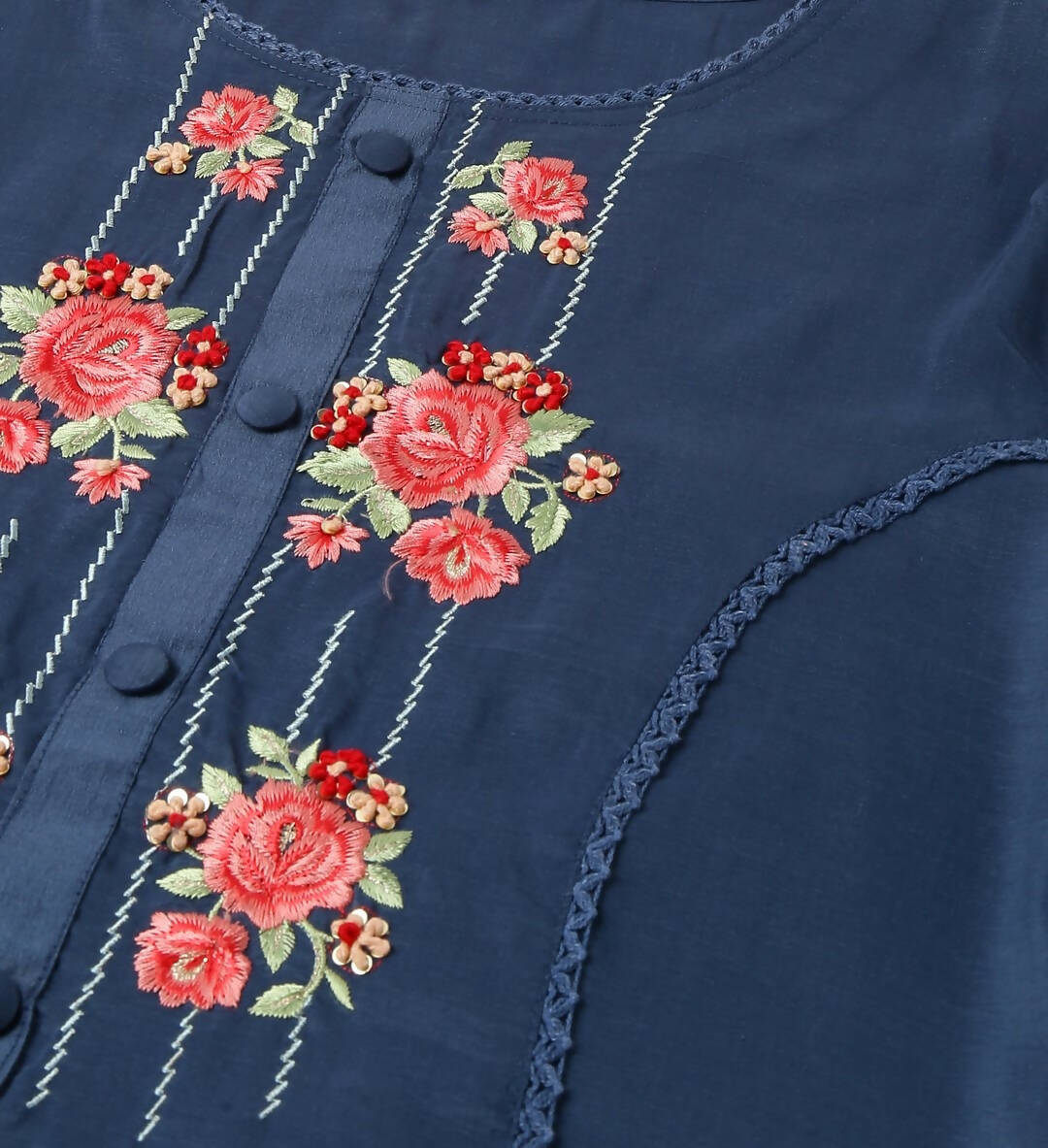 Navy Blue Chinon Embroidered Straight Kurta with Trouser & Dupatta - Salimar
