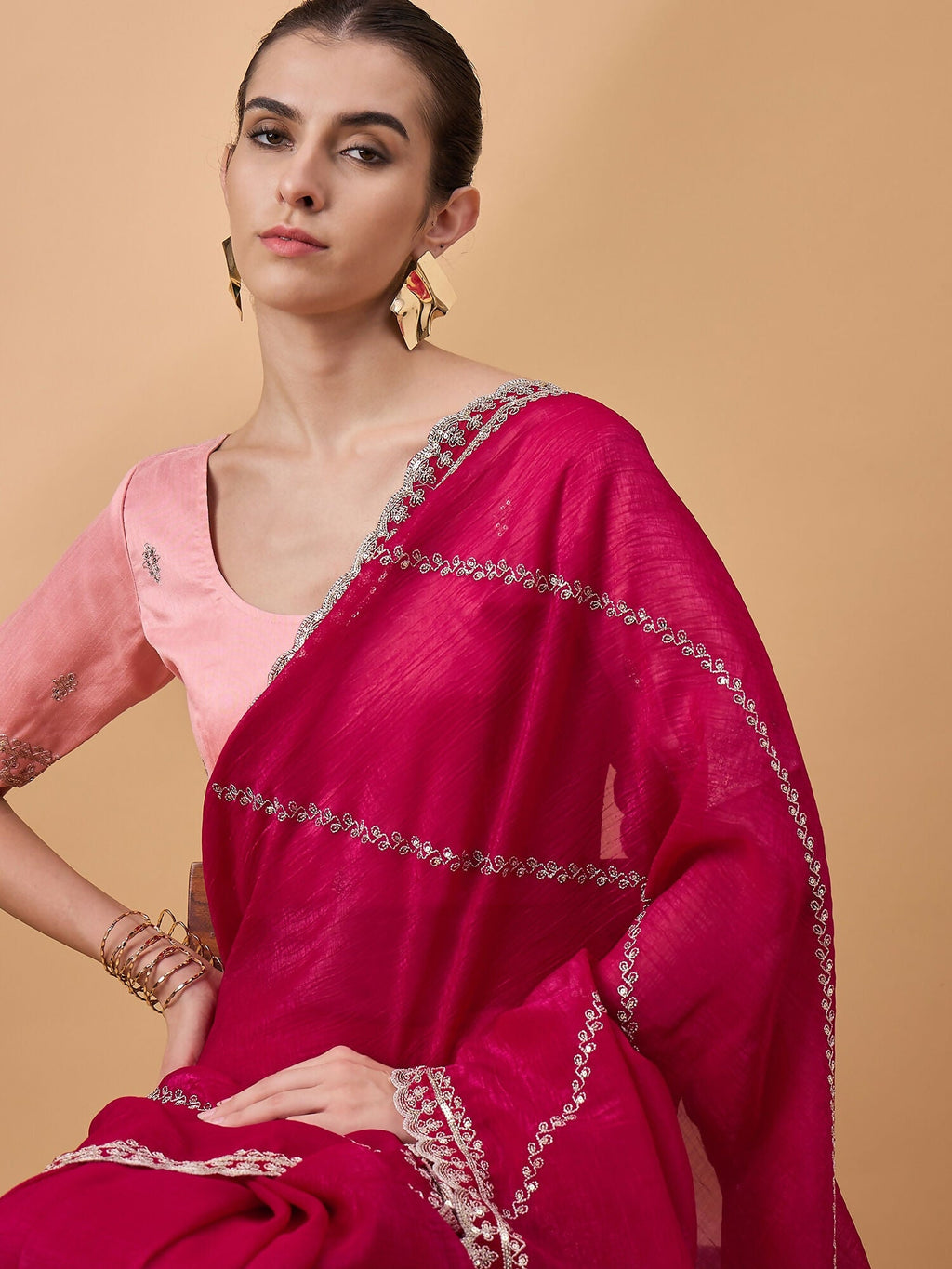 Pink Muslin Embroidered Saree with Unstitched Blouse Piece - Satya