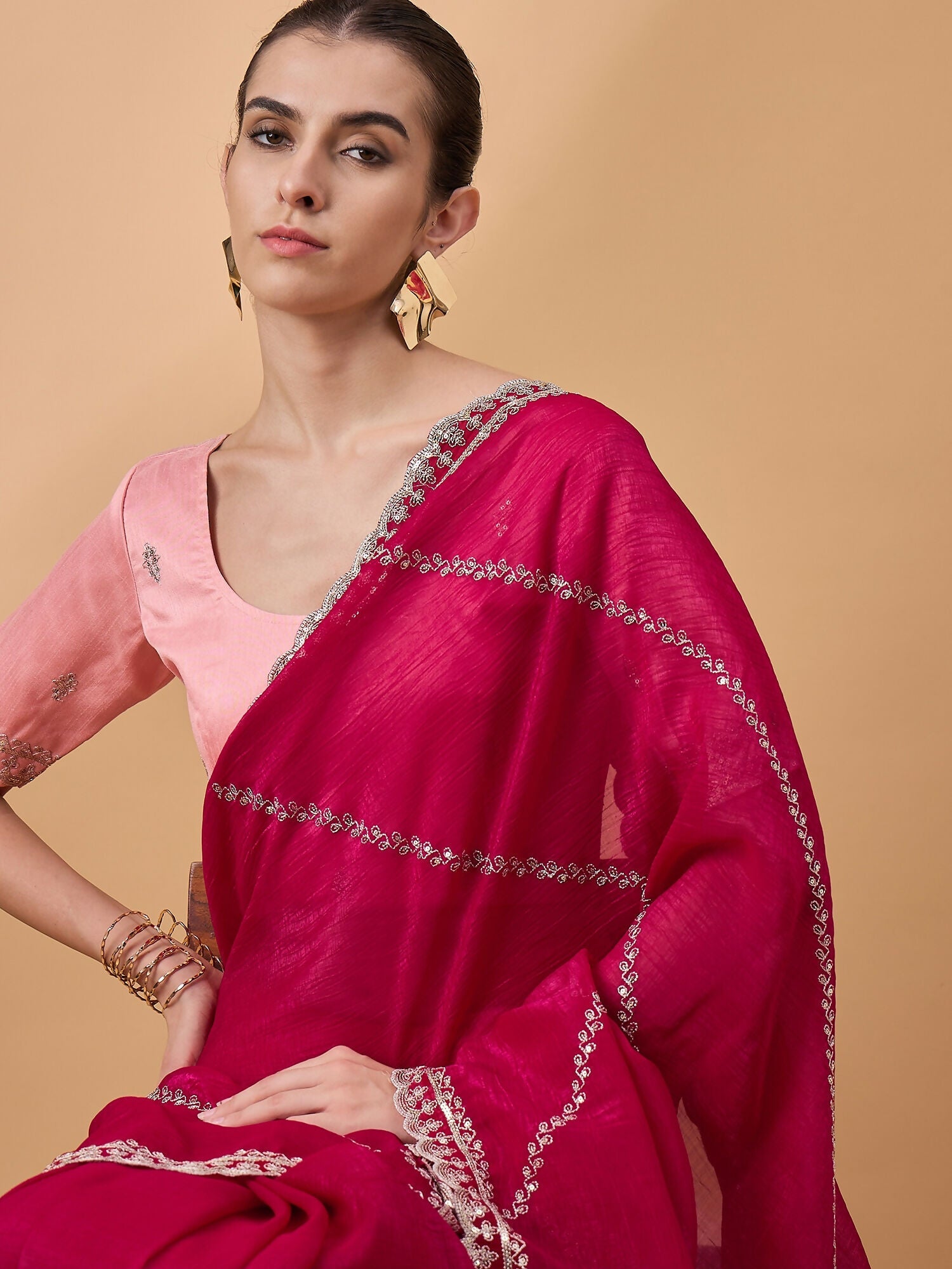 Pink Muslin Embroidered Saree with Unstitched Blouse Piece - Satya