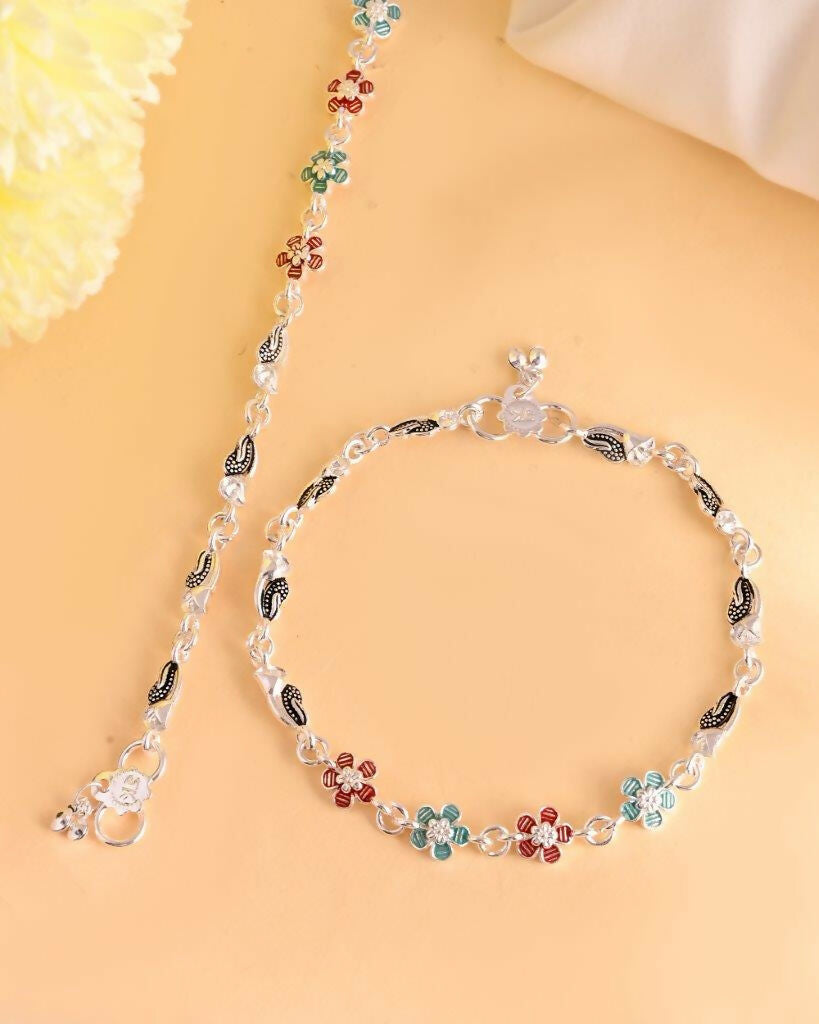VOJ Set of 2 Stone Studded Mutli Color Flower Shaped Anklet