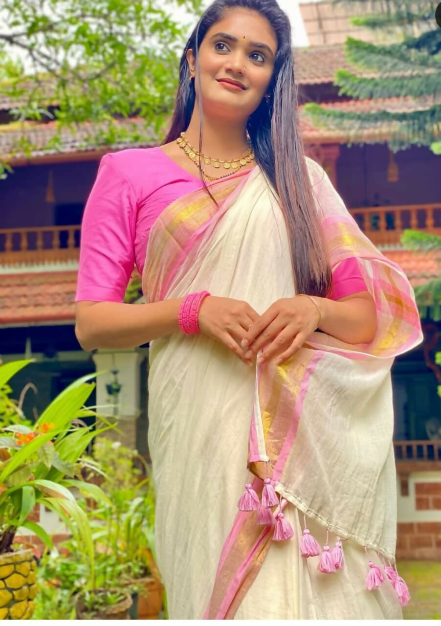 Exclusive Collection Beautiful White Pink Pure Cotton Hand Weaving Handloom Saree With Running Blouse Piece