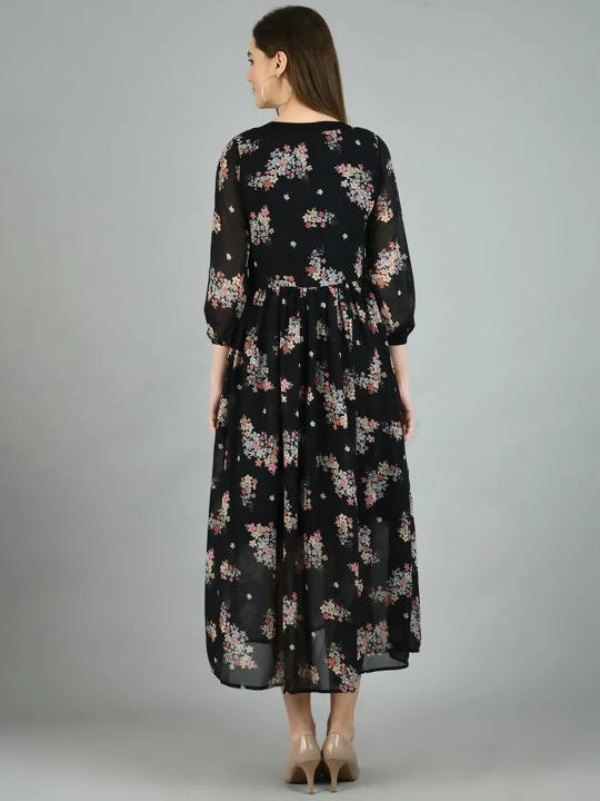 Myshka Women's Black Georgette Printed 3/4 Sleeve Round Neck Casual Dress