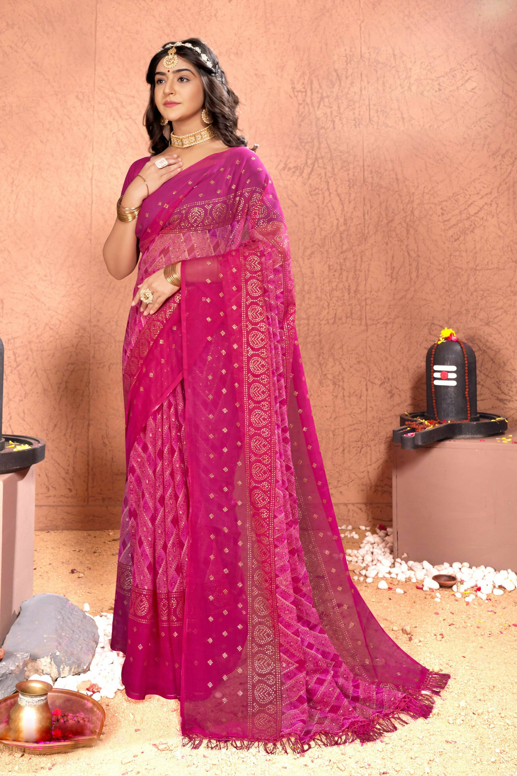 Pink Chiffon Foil Printed Saree with Unstitched Blouse Piece - Rajal