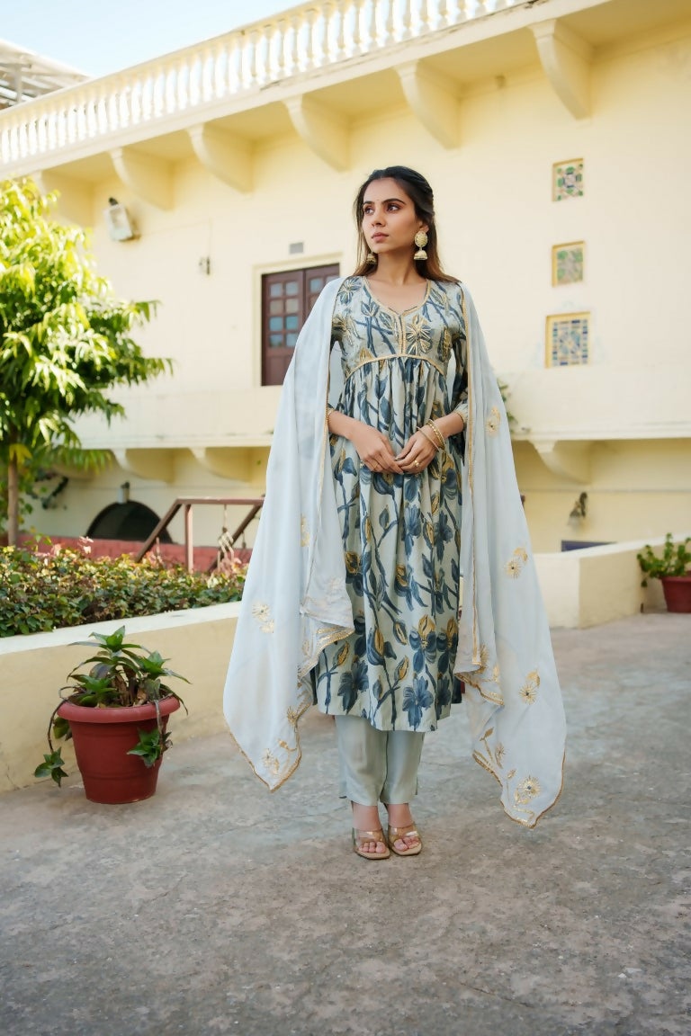 Vaasva Women SkyBlue Muslin Embroidered Kurta,Pant & Dupatta Set