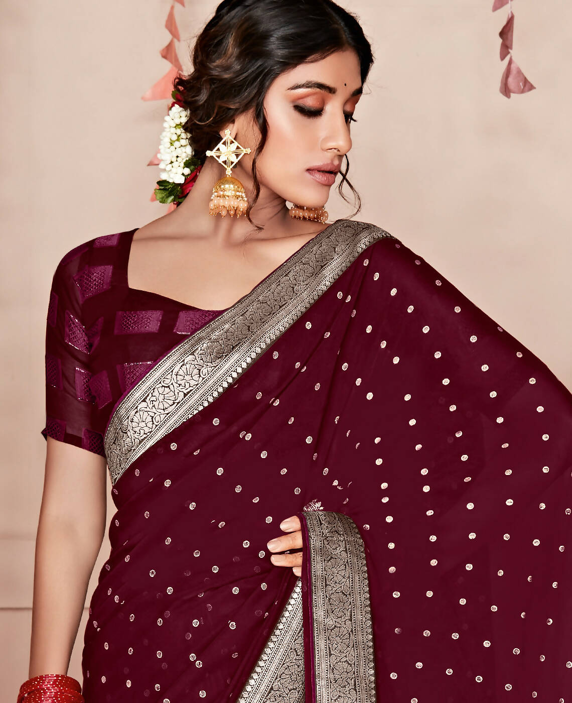 Wine Georgette Foil Printed Saree With Unstitched Blouse Piece - Nitya