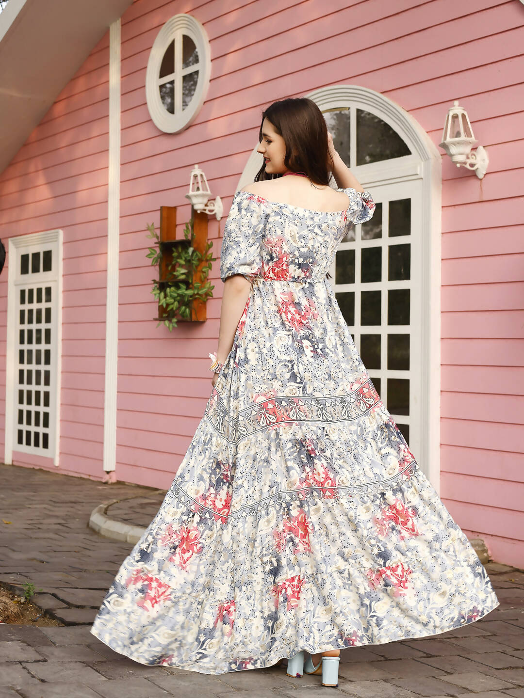 Grey Crepe Foil Printed Long Dress - Michan