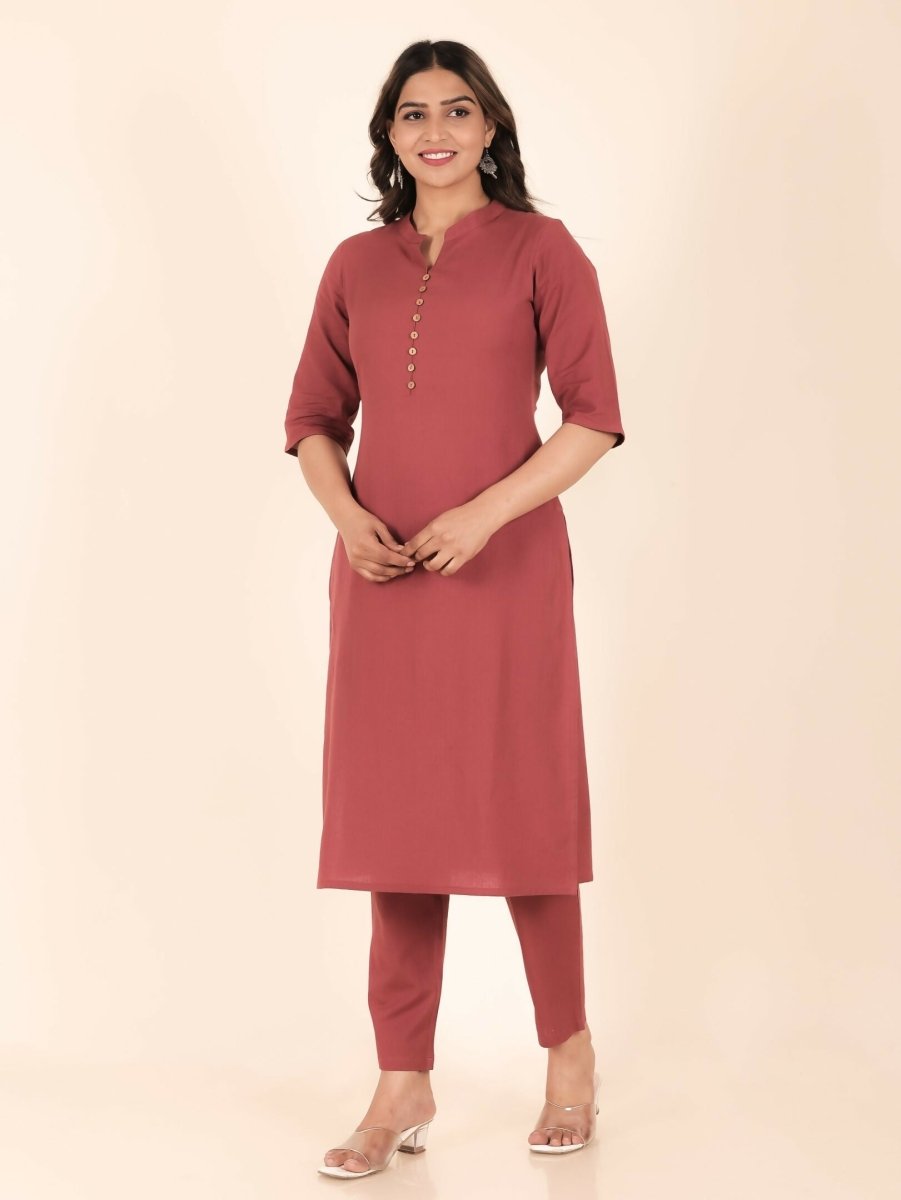 Aramya Pink Linen Cotton Solid Print Straight Kurta Set for Women