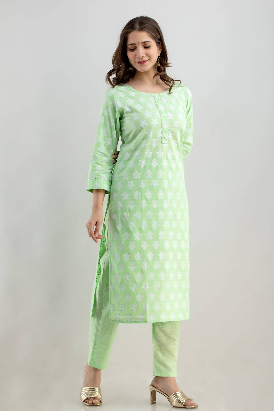 Vamika Printed Cotton Green Party Wear/Casual Wear Kurta Set/Suit