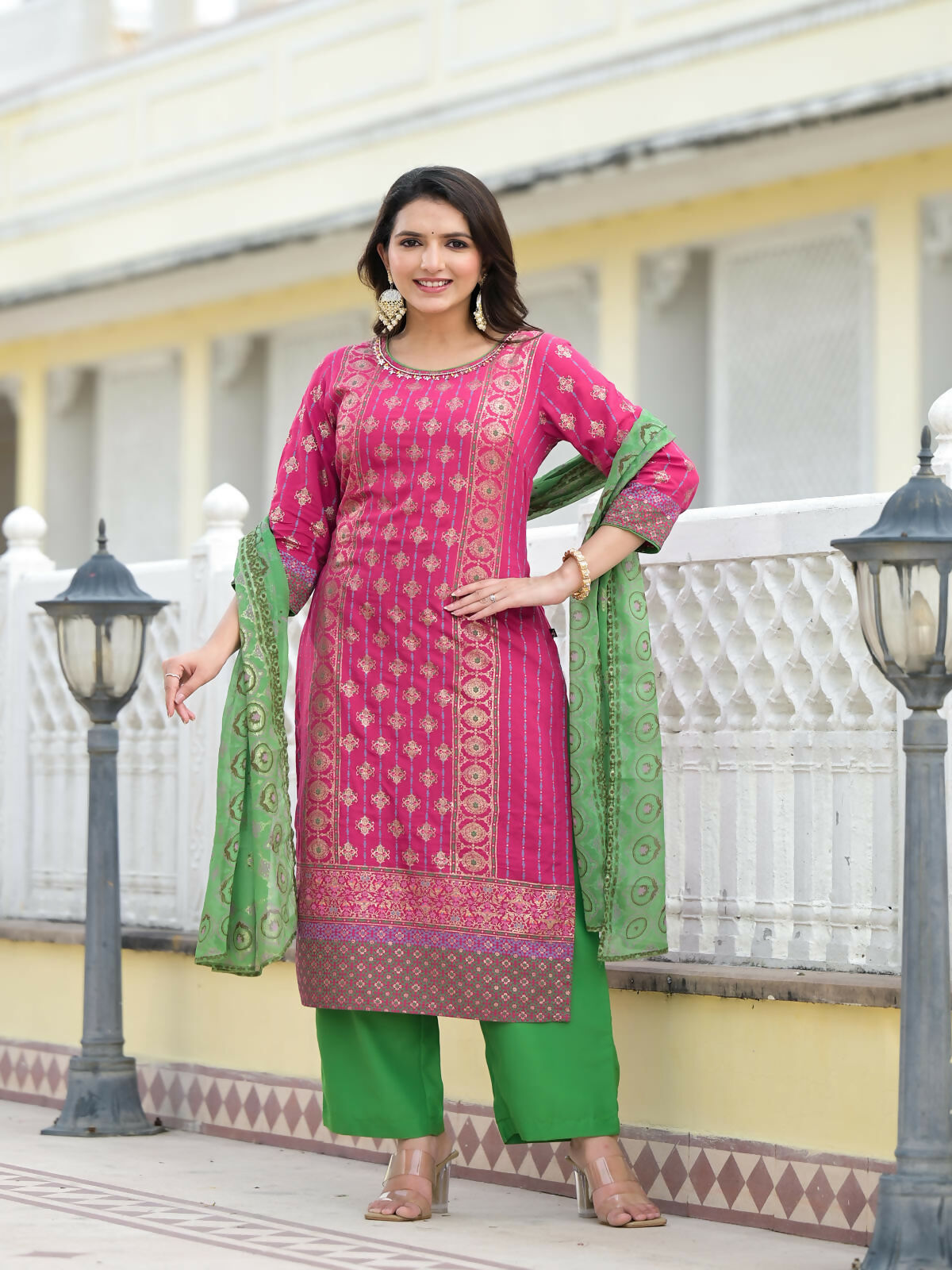 Juniper Women's Fuchsia Ethnic Motif Printed Muslin Kurta Pant With Dupatta Set With Beads & Sequins