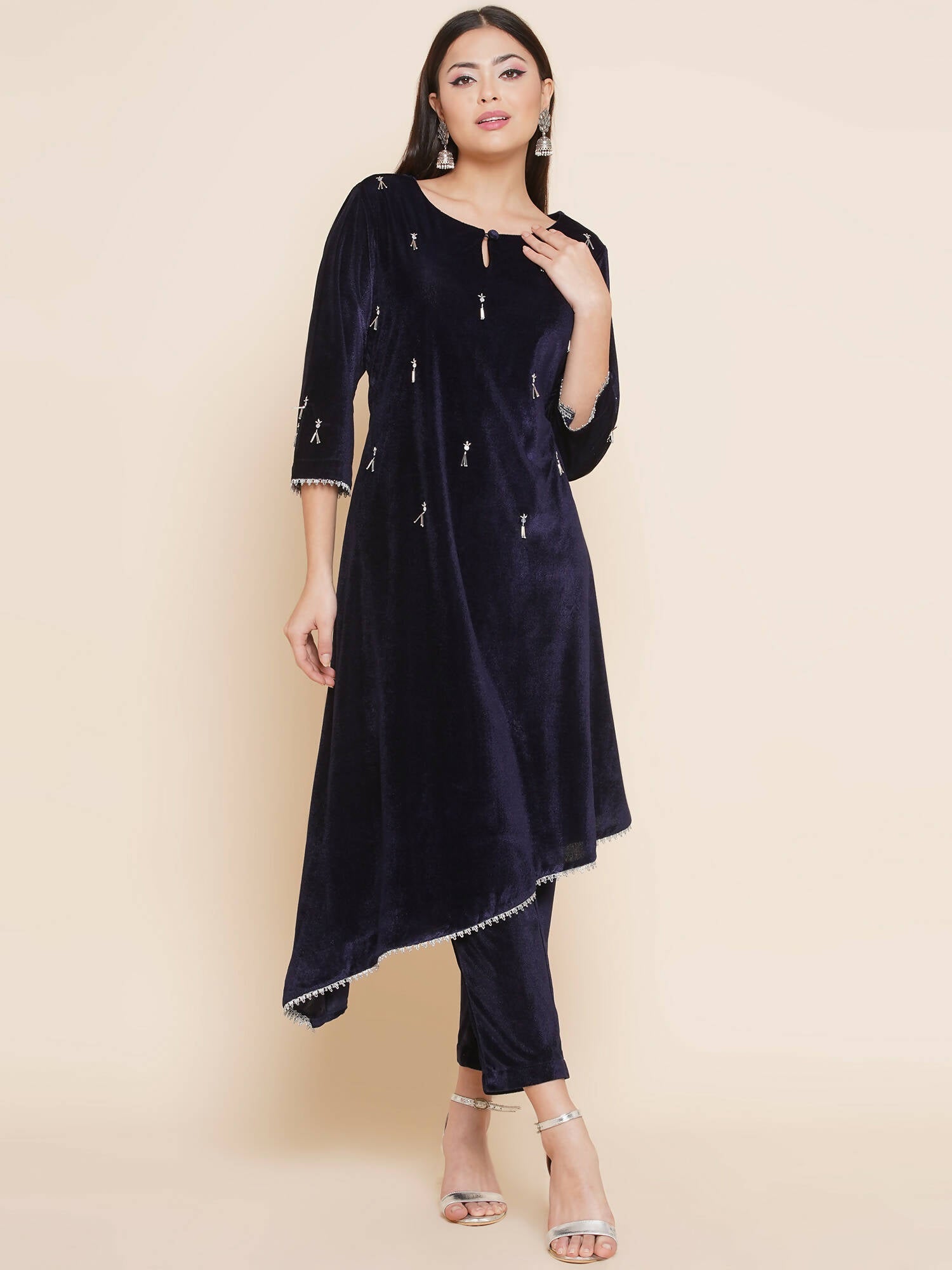Women Republic Navy Blue Velvet Assymetrical Hand Embellished Kurta With Pants