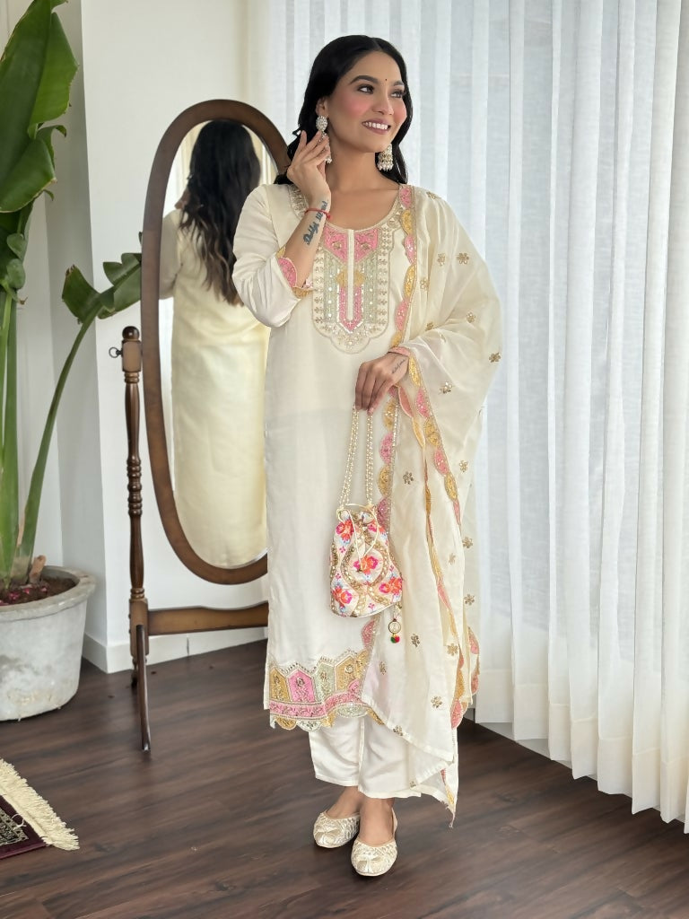 Cream Viscose chanderi Stitched Suit With Dupatta - Tanisha