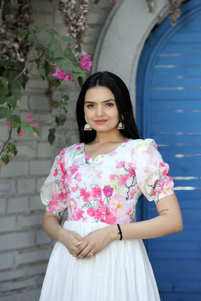 Jyoti Fashion Women's White Floral Digital Printed Chinon Anarkali Dress