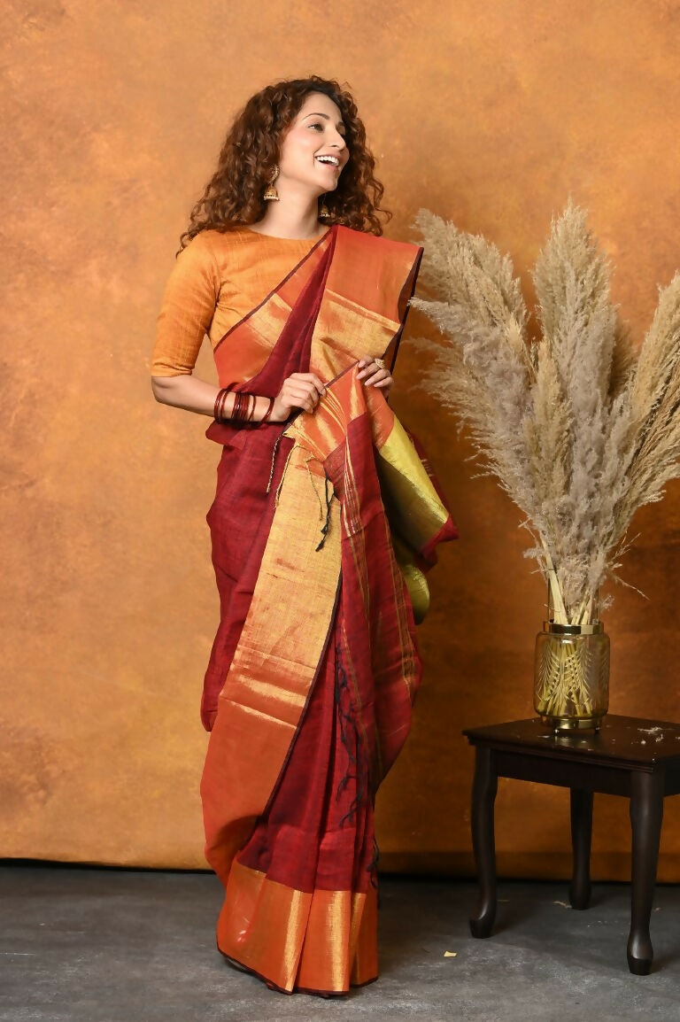 Very Much Indian Handloom Pure Cotton Linen Saree With Golden Border - Dark Maroon