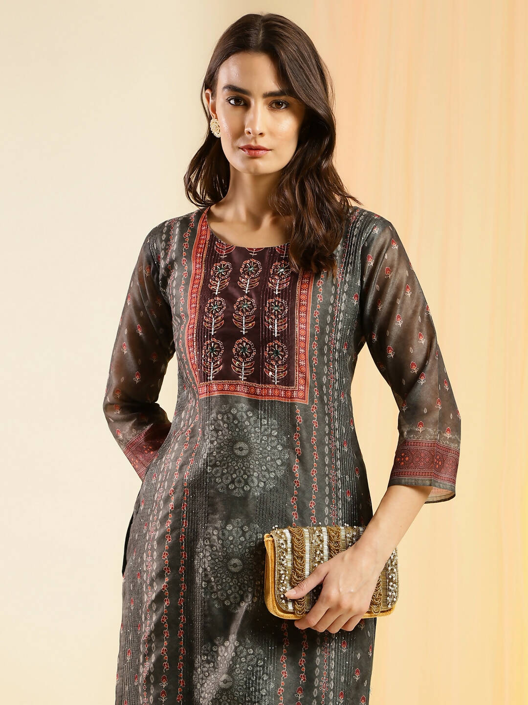 Dark Green Chinon Digital Printed With Hand Work Kurta - Himanshi