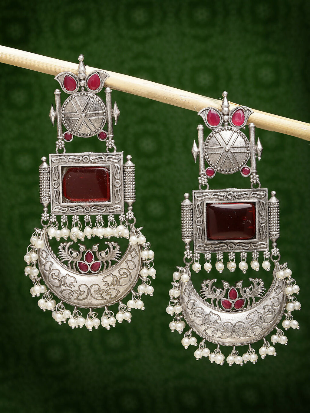 NVR Women's Silver-Plated Artificial Stones and Beads Chandbali Earrings