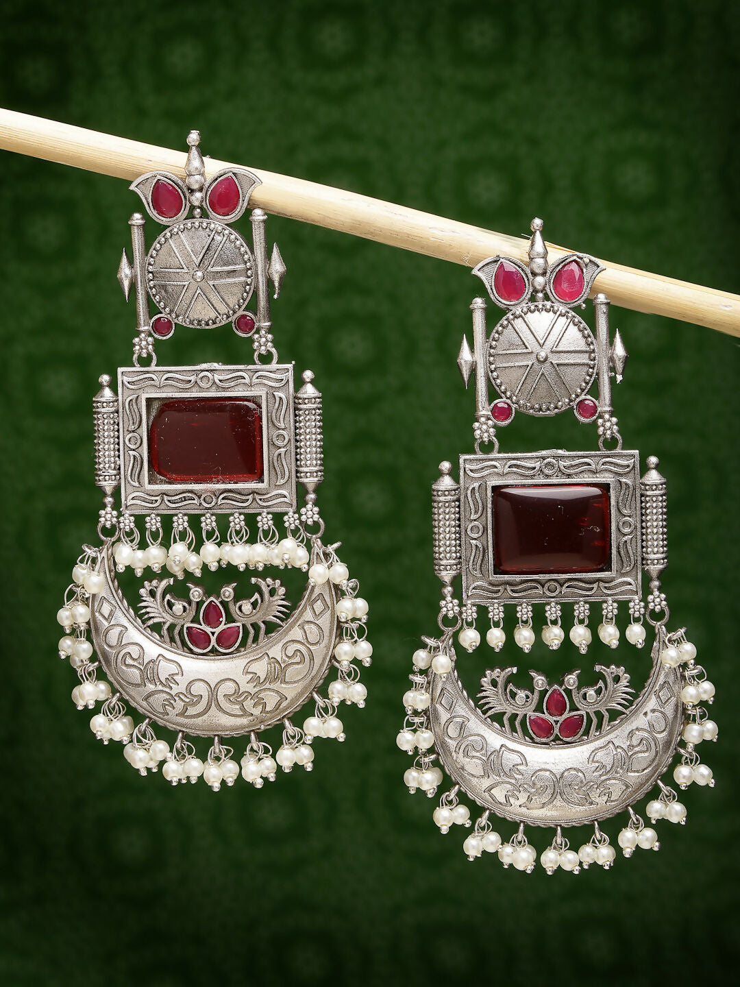 NVR Women's Silver-Plated Artificial Stones and Beads Chandbali Earrings