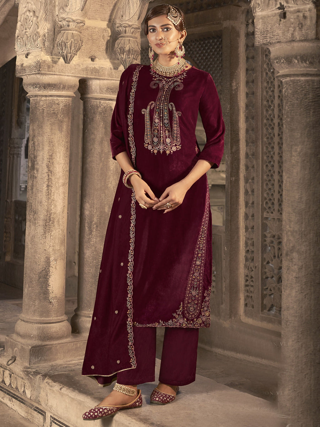 Jyoti Fashion Women's Maroon Velvet Floral Resham Thread with Jari work Kurta with Trouser & Dupatta