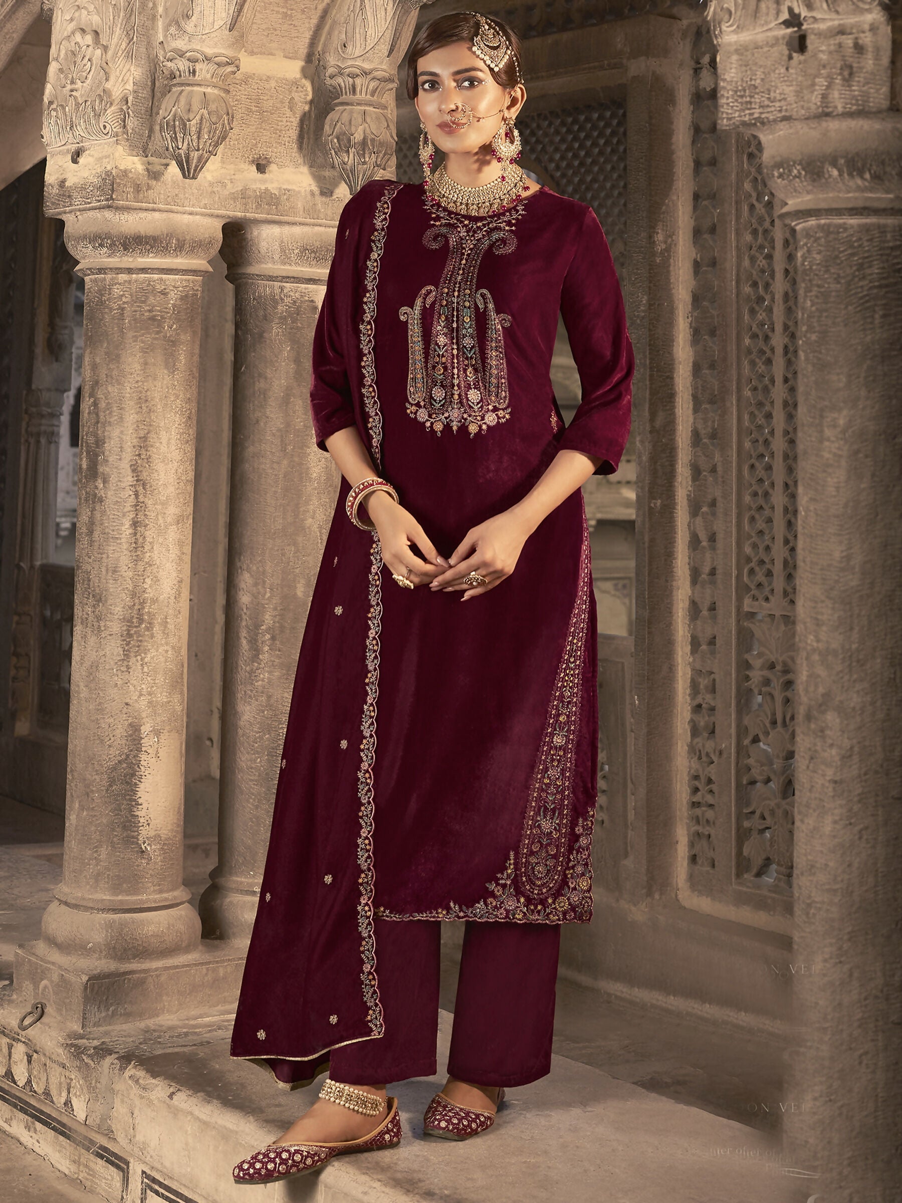 Jyoti Fashion Women's Maroon Velvet Floral Resham Thread with Jari work Kurta with Trouser & Dupatta