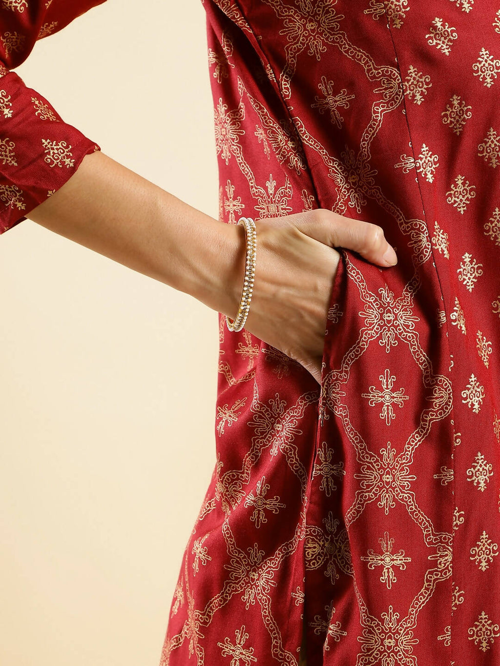 Maroon & Gold-Toned Viscose Rayon Ethnic Motifs Printed Kurta - Mamta
