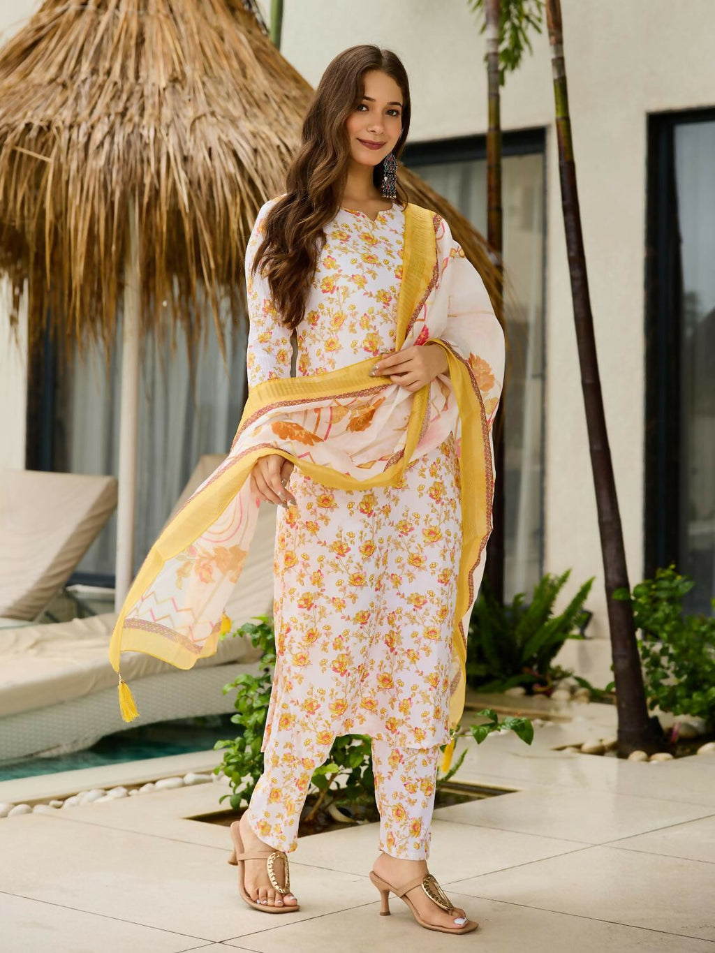 The52 Yellow Women's Beautiful Printed Silk Blend Fabric with Straight Kurta, Pant and Dupatta Set