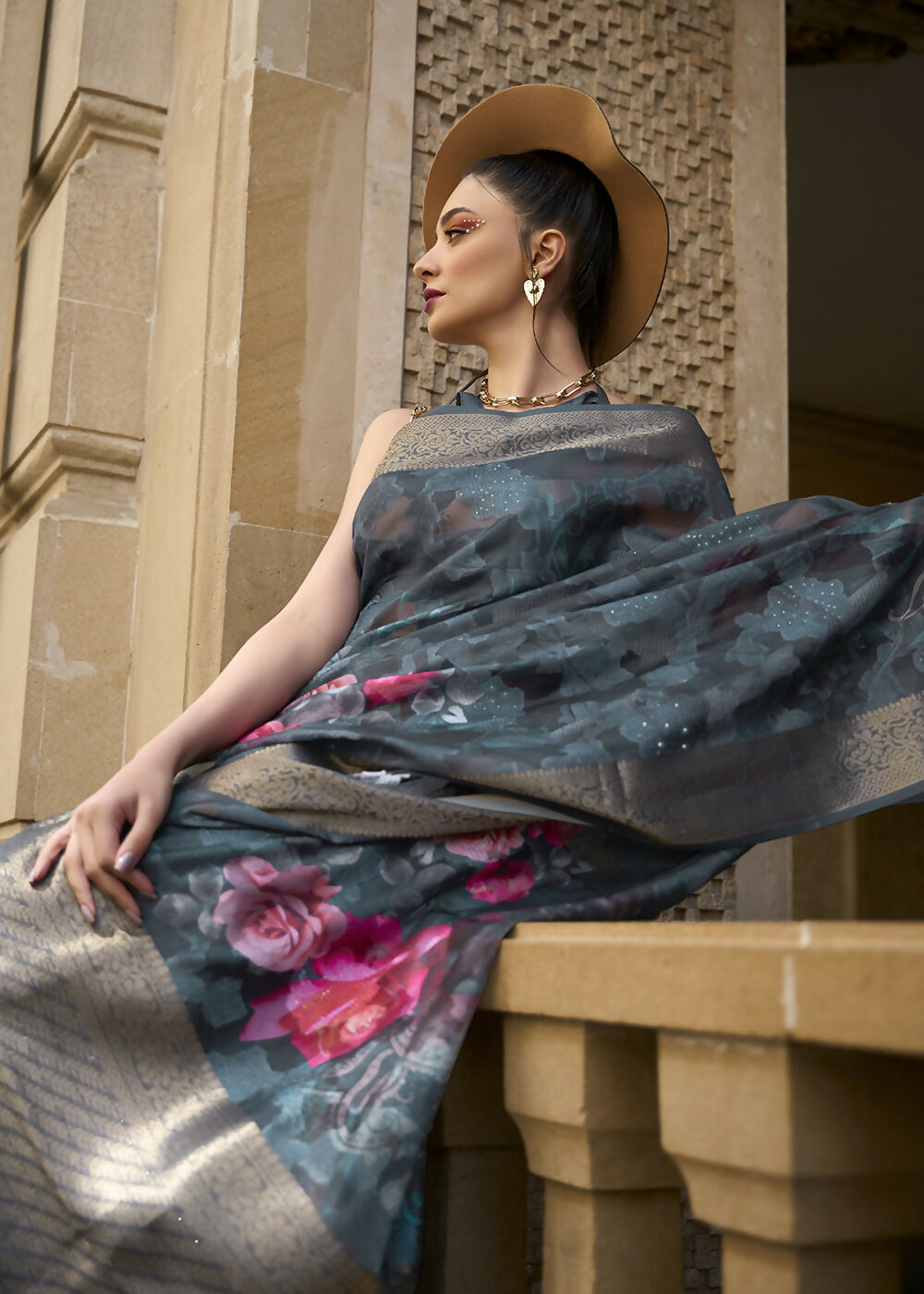 Lovely Navy Blue Polly Brasso Designer Saree - Emponline